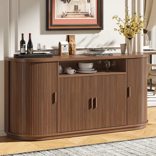 【SohoChic】ONBRILL 63" Mid Century Modern Fluted Sturdy Sideboard Buffet Cabinet - Home Decor Storage Furniture with Sliding Doors, Drawers, Adjustable Shelves for Kitchen, Living Room