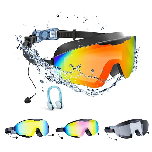 Outly 2-Pack Adjustable Loop Ear Plugs Swimming Goggles, Wide Frame Outdoor Goggles for Adults & Kids 4-12, Anti-Fog UV Protection, No Leak, 180° Wide View Pool Use, Outdoor Swimming Goggles