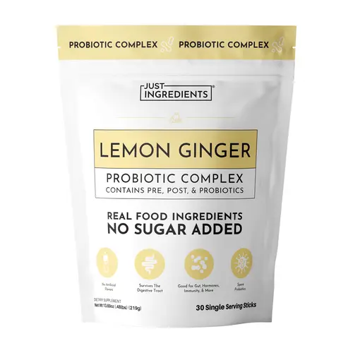 Just Ingredients 3‑in‑1 Probiotic Complex - 30 Single Serving Sticks - Gut, Immune & Digestive Support - Prebiotics, Probiotics & Postbiotics - Powder Drink - Made with Real Food Ingredients