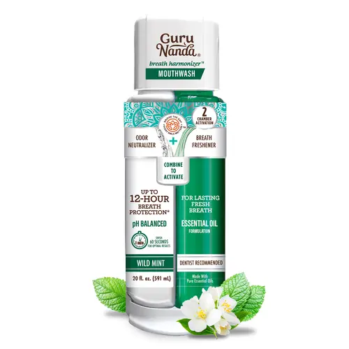 GuruNanda Dual Barrel Breath Harmonizer Mouthwash with Sodium Chlorite & Essential Oils, Freshens Breath, Alcohol & Fluoride Free, Wild Mint Flavor, 20 fl oz