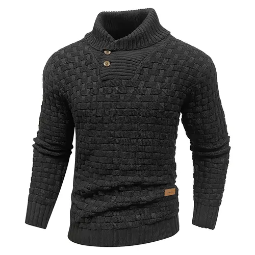 Zaitun Men's Slim Fit Twist Textured Patched Shawl Collar Knitted Sweater - Mensfashion Long Sleeve Top, Stretch Fabric, Ribbed Cuffs, Button Detail, Fall/Winter Wear, Hand Wash, No Bleach, Christmas Gift, Layer with Jackets or Coats, Pair with Jeans
