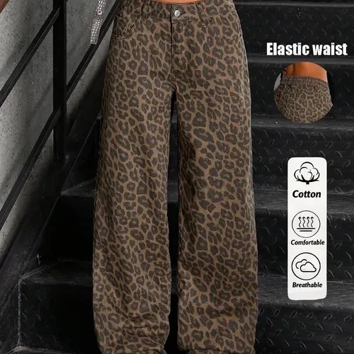 Women's Leopard Print Casual Wide Leg Pants, Elastic Waist, Mid-Waist Straight Leg, Slant Pocket Design, Loose Fit, Button Fly, Bohemian Trousers, Boho Casual Pants, Streetwear Pants, Chic Trousers
