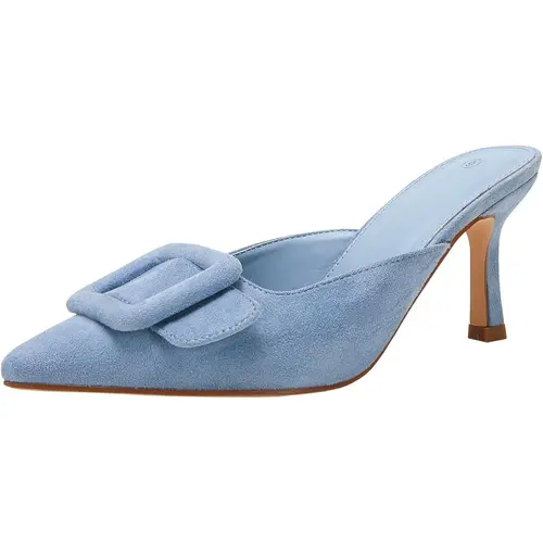 Coutgo Women's Shoes, Soft Synthetic Suede Pointed Toe Mules, Slip-On Kitten Heels with Buckle Decor for Party & Wedding, Footwear, Stylish,back to school,back to school haul,sohochic