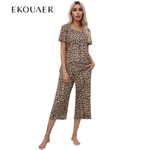 Ekouaer women's leopard print pajama set, short sleeved top and cropped pants two-piece set, casual soft and comfortable style , spring and autumn women's set