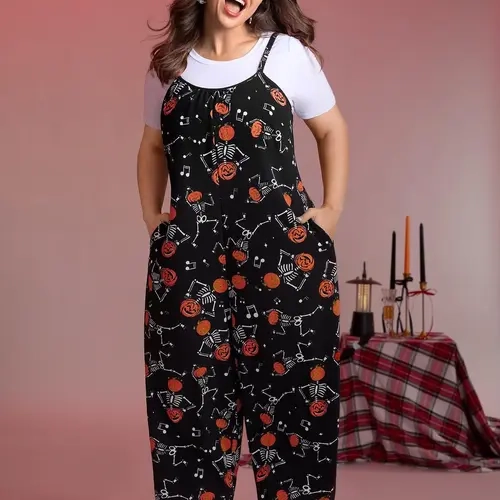 BloomChic Women's Pumpkin Skeleton Pajama Jumpsuit - Sleeveless Cami Lounge Romper, Soft Halloween Sleepwear, Relaxed Fit Home Outfit,Summerfinds，SohoChic