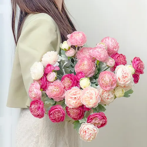 Molilito Artificial Peony & Ranunculus Bouquet, Pink Mix, White or Blue, 10/20 Stems for Wedding Centerpieces & Home Decor