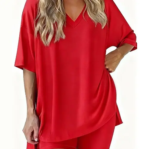 Women's 2 Piece Outfits Casual V-Neck Oversized T-Shirt and Biker Shorts Set Summer Loungewear Activewear Tracksuit