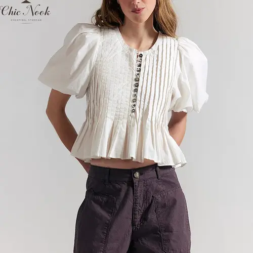 Women's Summer Short Ruffled Lantern Sleeve Tops Loose Fit Button Down Shirt Babydoll Tops Trendy Clothes