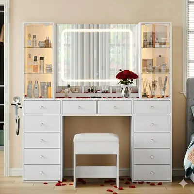 FUSOU Sturdy Lighted Vanity Desk with Mirror, 12 Drawers, Built-in Charging Station, Power Outlet, 2 Glass Cabinets, 3 Color Modes, Adjustable Brightness, Glass Top & Padded Stool for Bedroom Organization (Shipped in 2 Packages)