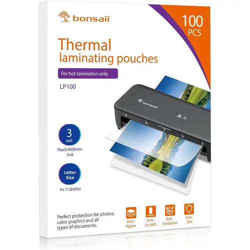 Bonsaii Durable Plastic Thermal Laminating Pouches - 100 PCS, 3mil Thickness, Letter Size (9inx11.5in/216x303mm), Transparent View, High Clarity, for Office Use, Compatible with All Laminators,sohochic
