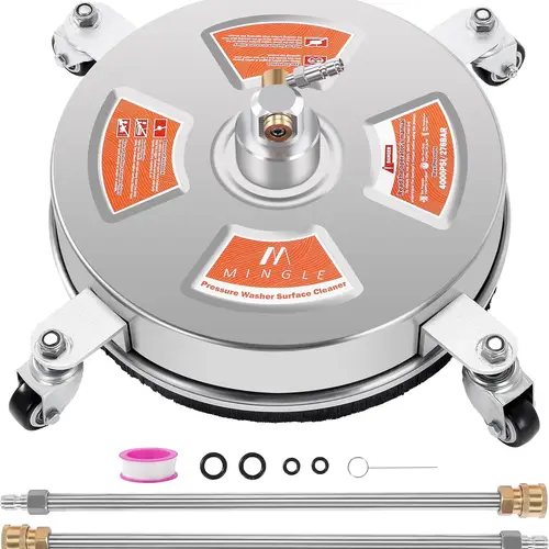 M MINGLE 14-in Stainless Steel Pressure Washer Surface Cleaner Attachment, 2 Extension Wands, 1/4-in Quick Connect, Nozzle, Wheels, Splashproof Skirt, Fast Stain Removal for Driveways, Decks toolupgrade