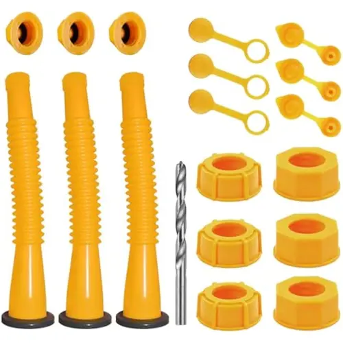 Gas Can Spout Replacement Kit - 3 HDPE Plastic 8.1in Spouts, 3 Nozzle Caps, 2 Gas Can Vent Caps, Leak-Proof Gasketed Set with Pre-Installed Rubber Gasket Helps Block Drips, Refuel Safety, Universal Fit for 1/2/5/10 Gal Cans, Automotive Repair Accessory, T