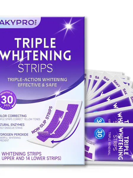 【SAKYPRORAL】Triple Whitening Strips – Same Enamel-Safe Ingredient Dentists Use | Long-Lasting Results, Not Just a Purple Tint, 4 Shades Whiter in 7 Days, 14/28 Strips