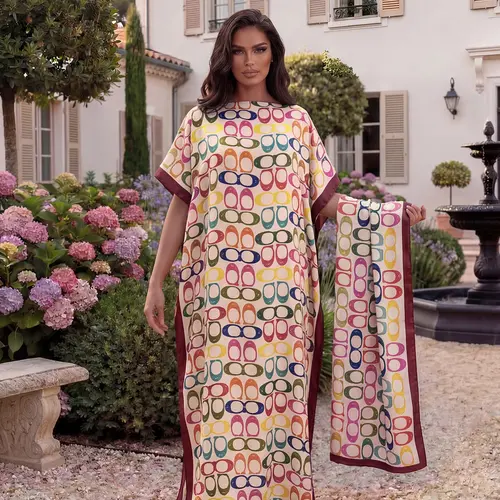 Women's Elegant Chic Geometric Print Robe Set, Casual Fitted Long Dress & Scarf, Beach Resort Wear Sun Protection Satin Matching Set Shawl