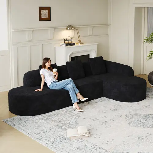 Niccae 2-Pack 111.8-in L-Shaped Curved Modular Sofa, Modern Upholstered Couch with Chaise, Lychee-Textured Long-Pile Polyester Fabric, Curved Backrest, 3 Cushions for Living Room,sohochic