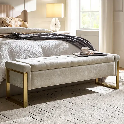 【Fall Pick】HULALA HOME Flora Modern Upholstered Flip Top Storage Bench Button Tufted Top Sturdy Metal Frame Gunmetal Finish End Of Bed Bench For Living Room Bedroom And Entryway