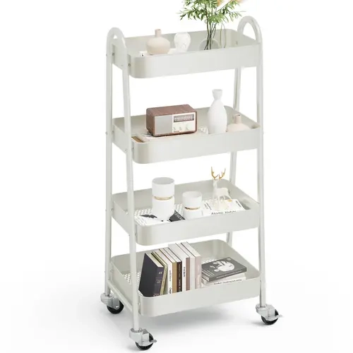 Sweetcrispy 4-Tier Under Desk Mobile Utility Cart with Metal Multifunctional Lockable Organizer, Multilayer Shelf, Hanging Storage for Office, Home Kitchen Organization