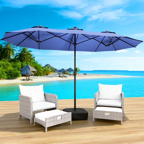 LEVELEVE 15x8.8ft Rectangular Double-Sided Outdoor Sunshade Umbrella with Base - Heavy-Duty Polyester, UPF 50+ UV-Resistant, Waterproof, Windproof, Sturdy Fixed Frame, Reinforced Ribs, 1-Hand Crank Lift, Adjustable Beach Shade Canopy for Garden, Poolside