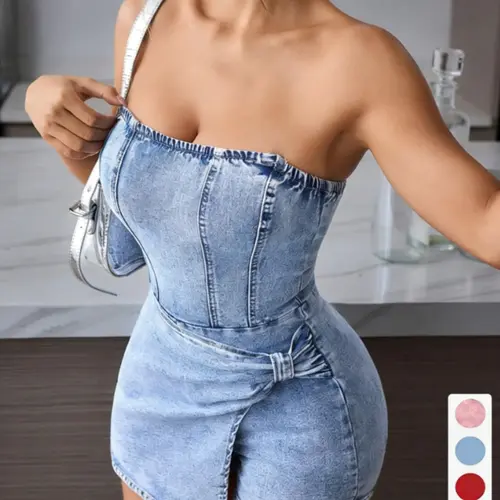 ✨ Women's Tube Top Denim Light Wash Short Beach Party Dress | Twisted Front Strapless Sleeveless Design, Summer Hot Girl Essential, Solid Sleeveless Dress