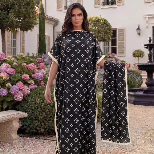 Elegant All-Over Printed Robe Set Fitted, Long Dress & Headscarf, Beach Outdoor Sun Protection Satin Scarf, Women's Fashion Accessory Casual Wear Style Chic Womenswear Boho Casual Elegant