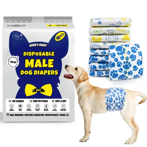 【SohoChic】 Dono Disposable Male Dog Diapers - Leak-Proof, Rapid-Dry Gel Tech, Fast Absorption, Wetness Indicator, Cartoon Paw Design, XS-L Sizes, 2/6 Bags, Travel-Friendly Puppy Pads for Potty Mishaps, Mess-Free Pet Supplies