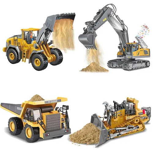 Akeleo Remote Control Toy Construction Vehicle Set - 11-Channel Excavator, 9-Channel Loader, Dump Truck, Bulldozer,4-Pcs, 2.4GHz, Metal Build, Cool Lights, Sound Effects,Children's gifts, birthday gifts,for 3 year old+