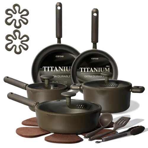 CAROTE Official 17pcs Titanium Nonstick Kitchen Cookware Set - Saucepan, Frying Pan Included - All Stovetops Compatible Bundle Combo Cookware Set