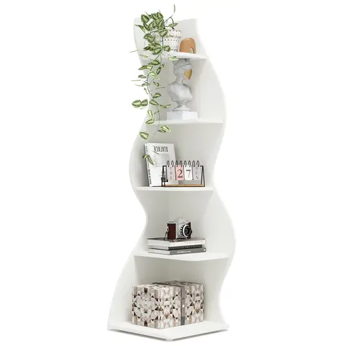 LITTLE TREE Modern 5-Tier Wall Corner Bookshelf, Stylish Corner Small Bookcase Storage Rack Plant Stand with Unique Shape for Living Room, Home Office, Bedroom, and Entryway Decor Shelves