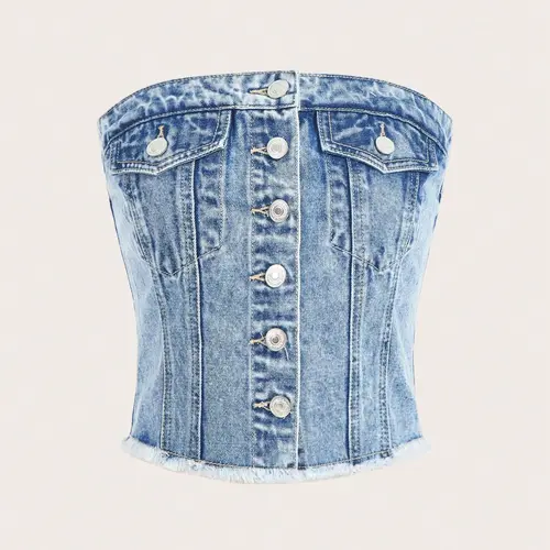 Summer Essential Denim Light Wash Strapless Top, Casual Chic Frayed Fitted Top for Women, Perfect for Hot Days, Fashion Womenswear, Casual Beach Tank, Beachy Tops
