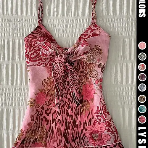 Spring/Summer 2000s Retro Vintage Aesthetic Feminine Leopard Peony Printed Lightweight Spaghetti Strap with Chest Knot Women's Top Fitted Cami Top