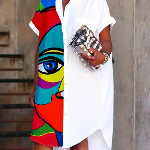 Fashionable Personality Print Dopamine Shirt Dress, Casual Knee-Length Fitted Short Sleeve Dress, Button Front Asymmetrical Design