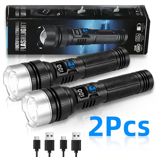 2PCS Newly upgraded 2200 lumen Super Bright Rechargeable Flashlight, super bright, shockproof and waterproof, 5 modes, tactical accessories, zoomable flashlight, suitable for outdoor emergency signals. BackToSchool outdoorfun