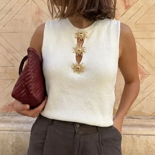 Women's Round Neck Plain Basic Slim Fit Lightweight Knitted Vest with Sun-Embossed Metal Buttons, an Everyday Boho Casual Style Sleeveless Top for Comfortable & Stylish Daily Wear.