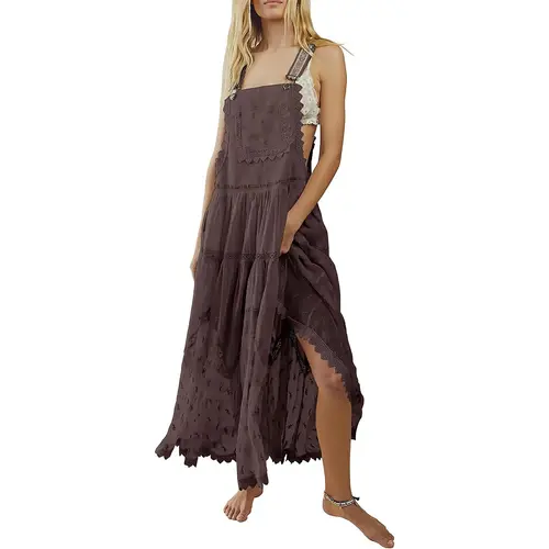 CHOUYATOU Women's Bib Pinafore Jumper, Vintage Style with Embroidered Lace and Mesh Tulle Hem, Loose Fit Ankle-Length with Adjustable Straps, Polyester, Breathable, Lightweight, Casual Wear, Flared, Fabric, Pocket, Basic, Bohemian, Beachwear, Fashion Appa