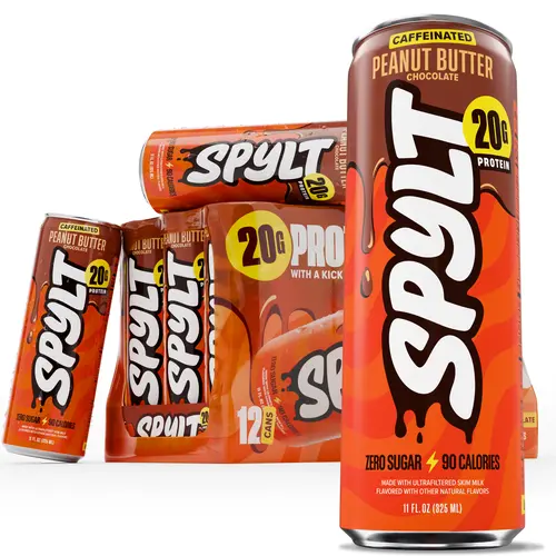 SPYLT Canned High Protein Caffeinated Peanut Butter Chocolate Milk - No Sugar, Low Calorie, Lactose Free, Healthy Energy Drink, 12-Pack Ready-to-Drink, Workout Recovery & Afternoon Boost, PACKAGING MAY VARY, Healthy Energy Drinks