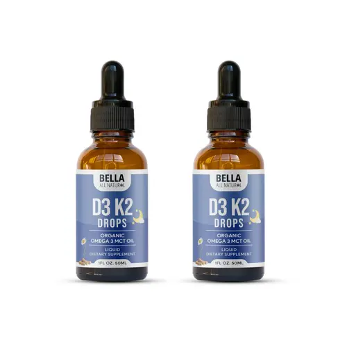 Bella All Natural D3 K2 Drops (Night) 2-Pack (1 fl oz / 50 mL Each) – Organic Omega 3 MCT Oil