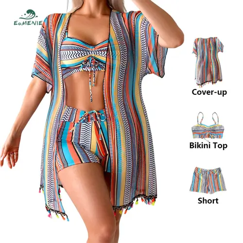 Eomenie Women's 3-Piece High-Waisted Boho Rainbow Bikini Set - Resort & Beach Wear, Quick Dry, Tassel Detail, Tie-Front Bust, Breezy Chiffon Cover, Zigzag Edge Shorts, Sports & Outdoor Swimwear