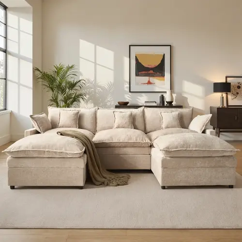 CAODOC 108“ U Shaped Modular Sectional Sofa Cloud Couch with Movable Ottoman, Comfy Chenille Deep Seat Sofa with Throw Pillows, 3 Seat Modern Couches for Living Room Apartment,Free Combination
