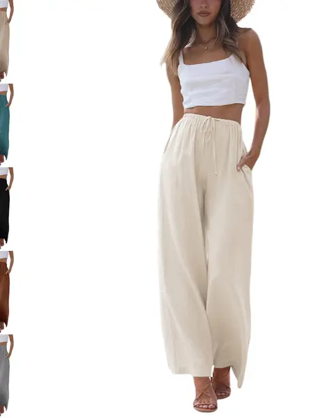 UANEO Women's Cotton Linen Summer Palazzo Pants Flowy Wide Leg Beach Trousers with Pockets Casual Womenswear SummerVibes