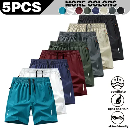 5-pack Summer daily high-stretch, lightweight, ice silk, quick-dry sports shorts, breathable zipper pockets, five-inch pants, versatile bottoms,commuting