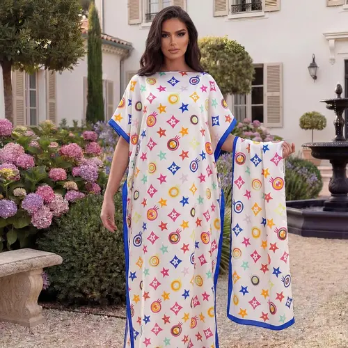 Women's Elegant Chic Geometric Print Robe Set, Long Dress & Scarf Shawl, Beach Sun Protection Satin Matching Set