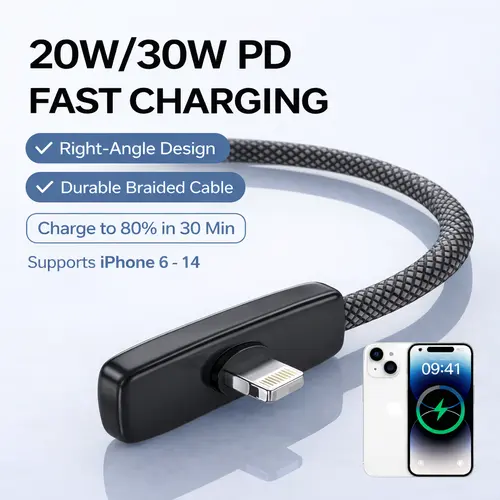 90° Right Angle Lightning Cable - Fast Charging Braided Connector for iPhone 5/6/7/8/X/11/11 Pro Max, No Hand Blocking Gaming Electronic Cable for Smartphones, Cellphones and Devices