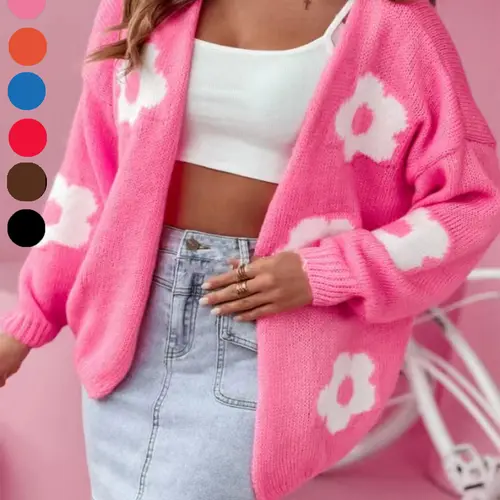 Plus Size Floral Print Drop Shoulder Cardigan Sweaters, Casual Long Sleeve Open Front Knitwear for Fall & Winter, Women's Daily Wear