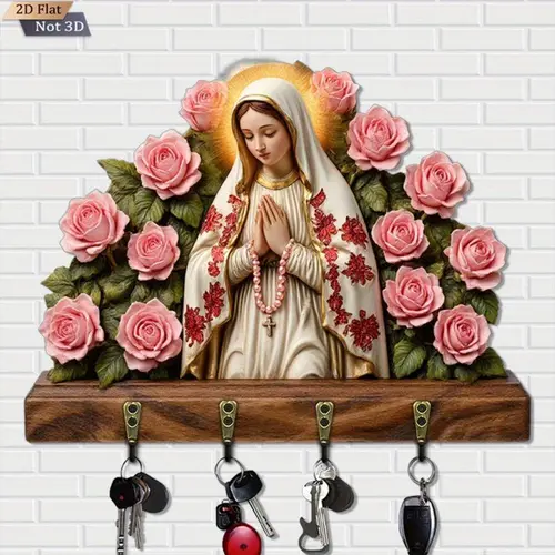 Vintage Decorative Wooden Wall Hanging Key Holder with 4 Hooks - Virgin Mary & Rose Motif, Elegant Religious Gift for Entryway Storage Organization