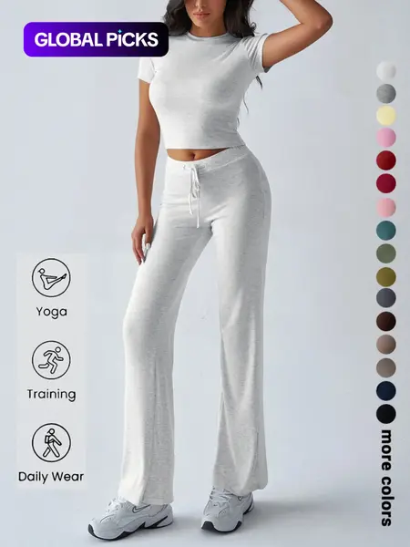 Women's Basic Minimalist Solid Short Sleeve Two-piece Set, Casual Round Neck Crop Tee & Drawstring High Waist Trousers for Daily Wear, Ladies Summer Clothes, Womenswear