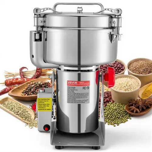 VEVOR 2500g Stainless Steel Grain Mill Kitchen Appliance, 3400W Motor, 32000 RPM High-Speed for Quick Grind, 30s Fine Grind, Adjustable Fineness, 270° Swing-Type Pulverizer, Auto Stop, Smooth Surface Wipes Clean for Dried Grains, Coffee Beans