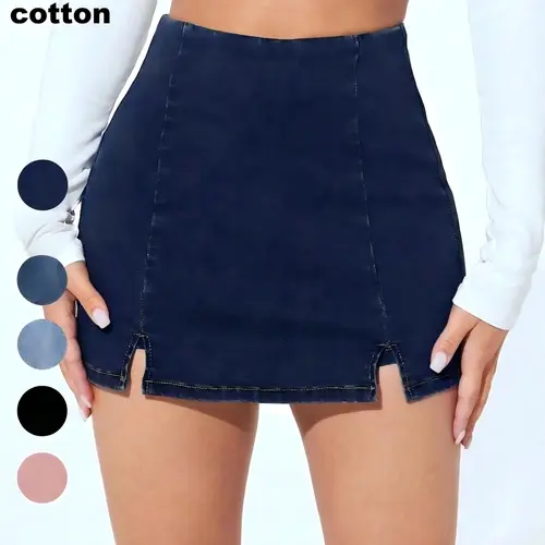 Fashionable Solid High Waist Slim Fit Bodycon Split Slit Denim Bottoms Skirt for Petite Women