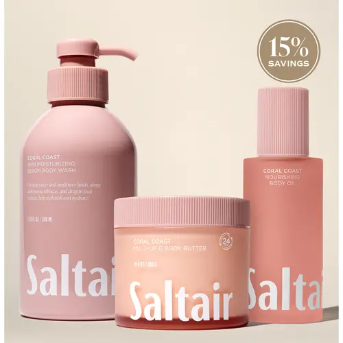 Saltair Coral Coast Ritual Set - Serum Body Wash (17 fl oz), Nourishing Body Oil (4 fl oz) & Multi-Lipid Body Butter (10 oz) Bundle for Soft, Glowing Skin - Coconut, Guava & Water Lily