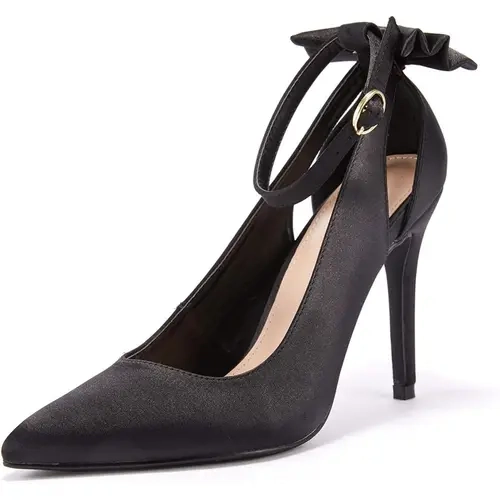 Coutgo Women's Faux Suede Heeled Sandals - Fashionable Slingback, Chunky Heel, Classy Pointed Toe, Scalloped Trim, Back Bow, Buckle Ankle Hold, Stilettos, Soft Elegant Footwear for Party & Casual Wear, Sandals for Women,sohochic