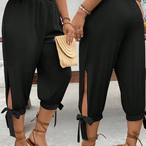Plus Size Plain Capri Pants, Cute Commuter Pants, Casual Chic Trousers, Casual Elastic Waist Trousers with Side Slit & Bow Detail, Lightweight Breathable Fabric, Summer Vacation Wear, Comfortable Fitted Work Bottoms